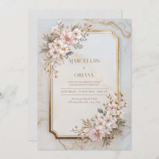 Blush Sakura Marble Gilded Frame Wedding 招待状 (正面/裏面)
