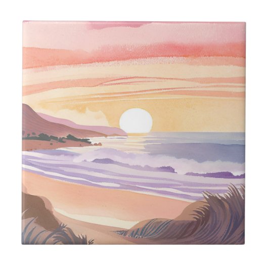Blush Sea Sunset | Beach Watercolor Painting タイル (正面)