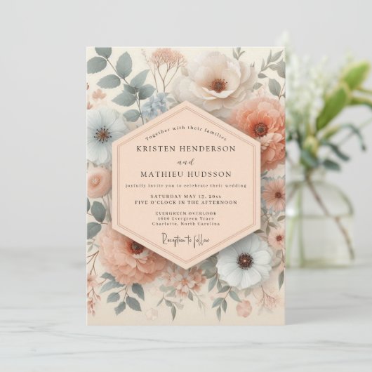 Blush & Slate Antique Floral Wedding 招待状 (スタンド正面)