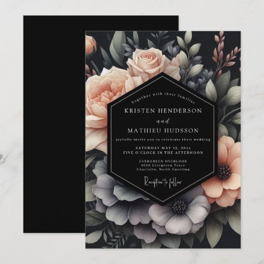 Blush & Slate Dramatic Bloom Wedding 招待状 (正面/裏面)