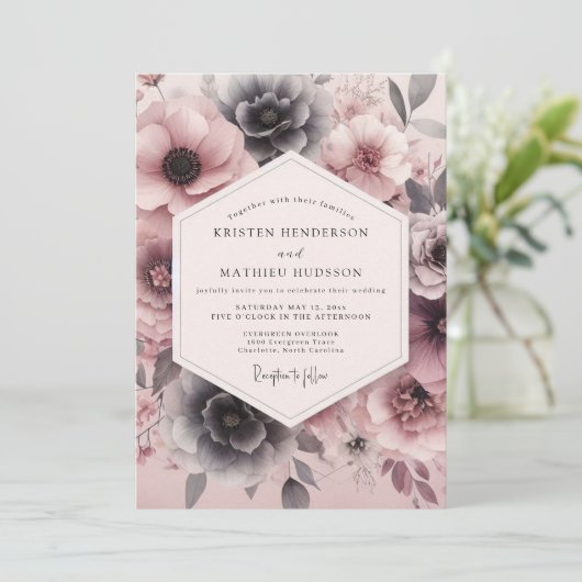 Blush Slate Moody Bloom Wedding 招待状 (スタンド正面)