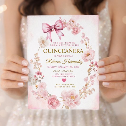 Blush Soft Pink Bow Quinceañera 招待状