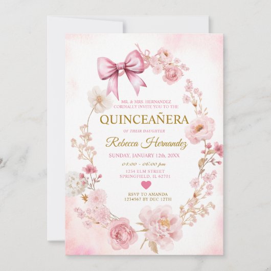Blush Soft Pink Bow Quinceañera 招待状 (正面)