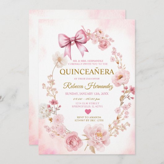 Blush Soft Pink Bow Quinceañera 招待状 (正面/裏面)