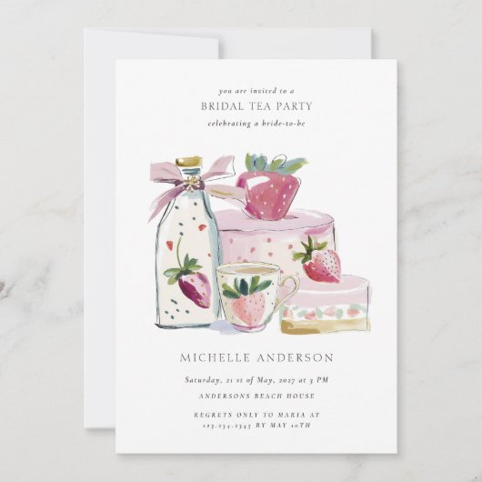 Blush Strawberry Tea Party QR Code Bridal Shower 招待状 (正面)