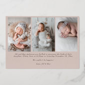 Blush Taupe Rose Gold Foil Birth Announcement  箔シーズンカード (裏面)
