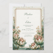 Blush Teal Astrantia Gold Foil Wedding 招待状 (正面)