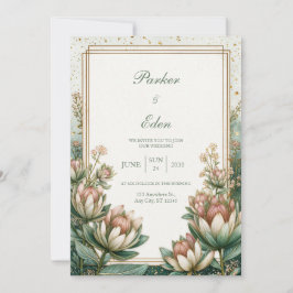 Blush Teal Astrantia Gold Foil Wedding 招待状
