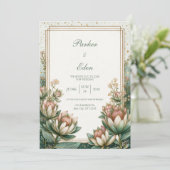 Blush Teal Astrantia Gold Foil Wedding 招待状 (スタンド正面)