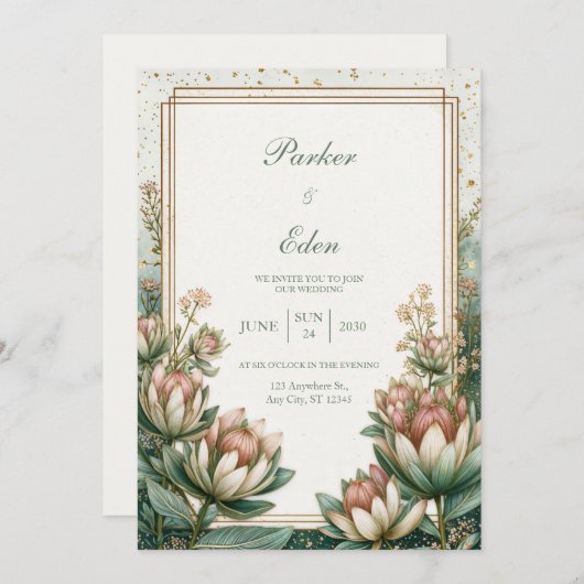 Blush Teal Astrantia Gold Foil Wedding 招待状 (正面/裏面)