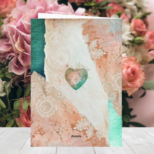 Blush Teal Baroque Sacred Heart Happy Valentines  カード