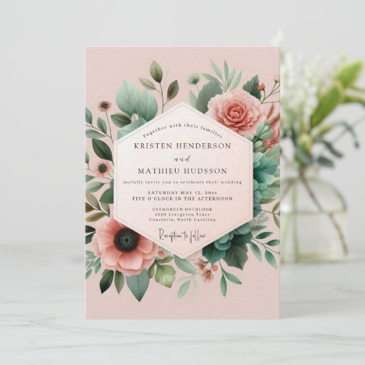 Blush Teal Botanical Wedding 招待状 (スタンド正面)
