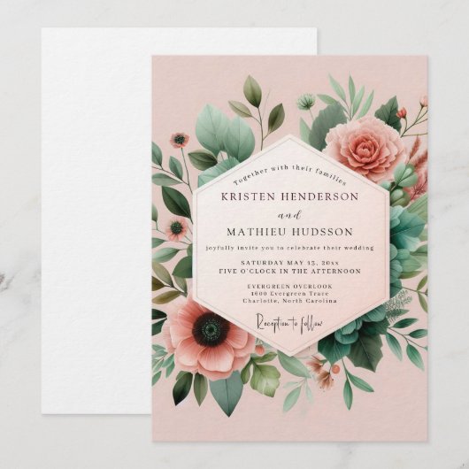 Blush Teal Botanical Wedding 招待状 (正面/裏面)