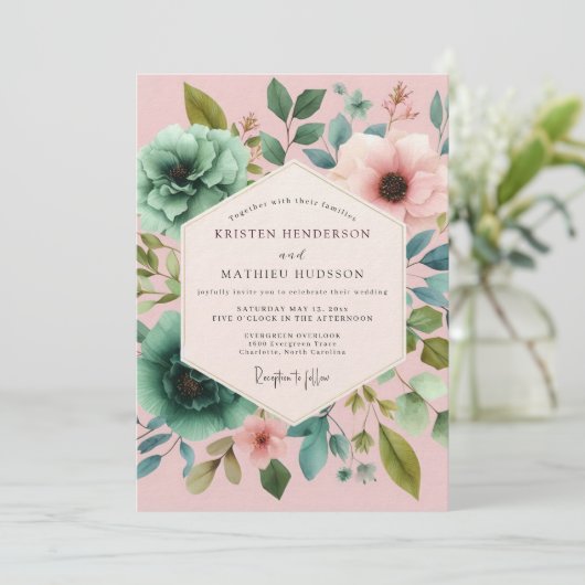 Blush Teal Painterly Flora Wedding 招待状 (スタンド正面)