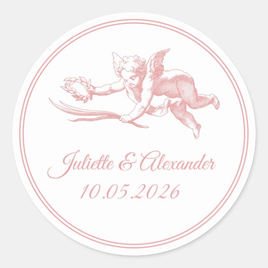 Blush Toile de Jouy Cupid Wedding Favor Stickers ラウンドシール (正面)
