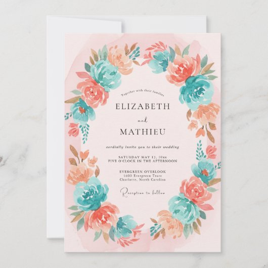 Blush Turquoise Watercolor Bohemian Wedding 招待状 (正面)