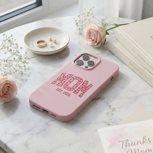 Blush Varsity Mom Est Year Heart Lettering Design iPhoneケース