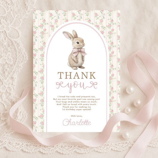 Blush Vintage Bunny Pink Bow Birthday Girl サンキューカード
