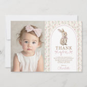 Blush Vintage Bunny Pink Bow Birthday Girl サンキューカード (正面)