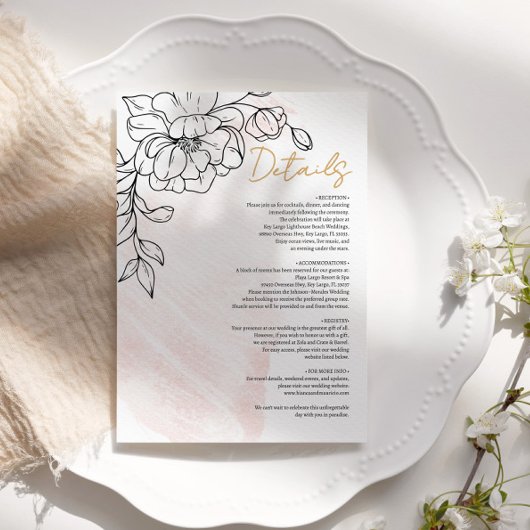 Blush Watercolor & Black Floral Elegant Details エンクロージャーカード