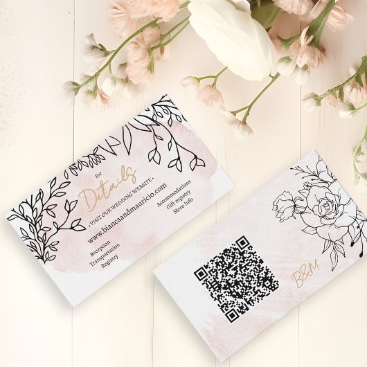 Blush Watercolor & Black Floral Modern QR Wedding エンクロージャーカード
