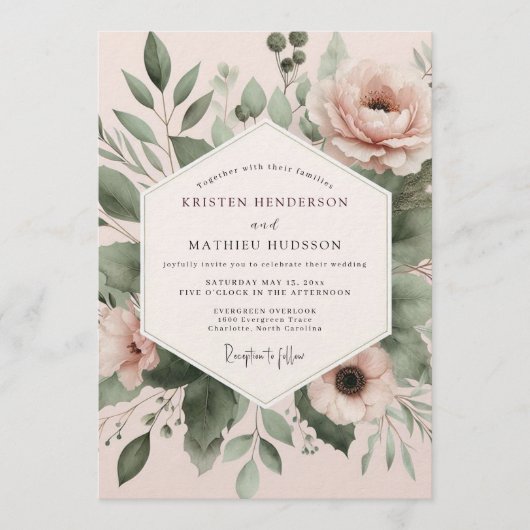 Blush Watercolor Botanical Wedding 招待状 (正面)