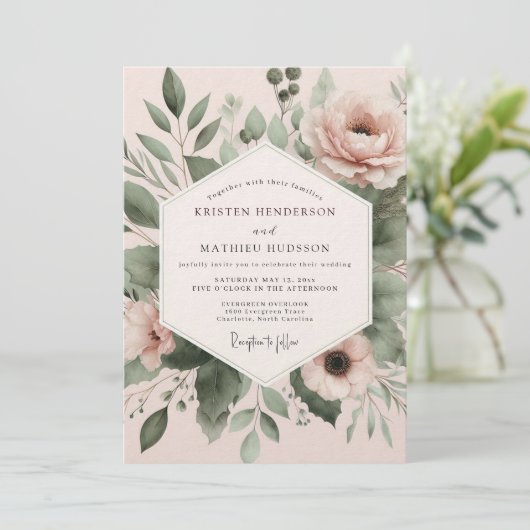 Blush Watercolor Botanical Wedding 招待状 (スタンド正面)