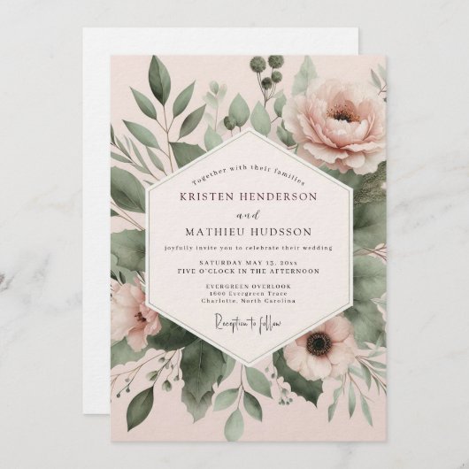 Blush Watercolor Botanical Wedding 招待状 (正面/裏面)