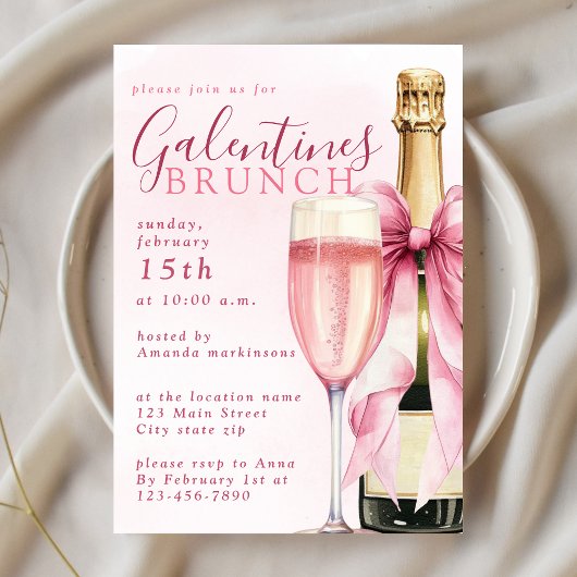 Blush Watercolor Champagne Galentines Brunch 招待状