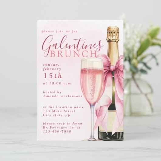 Blush Watercolor Champagne Galentines Brunch 招待状 (スタンド正面)