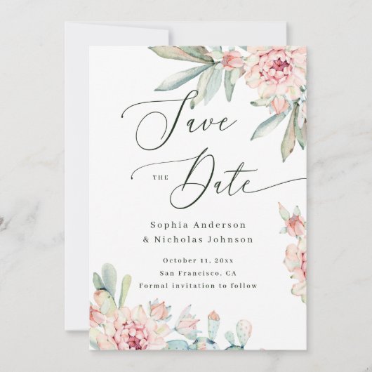 Blush Watercolor Floral | Elegant Script Wedding セーブザデート (正面)