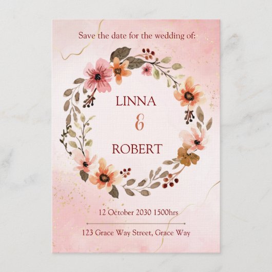 blush watercolor floral wedding invitation  招待状 (正面)