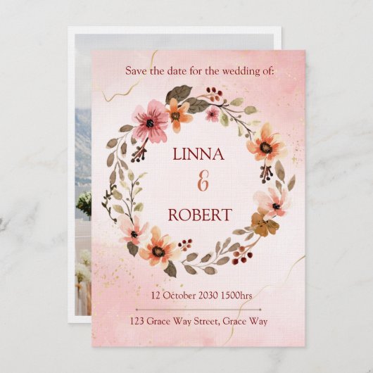 blush watercolor floral wedding invitation  招待状 (正面/裏面)