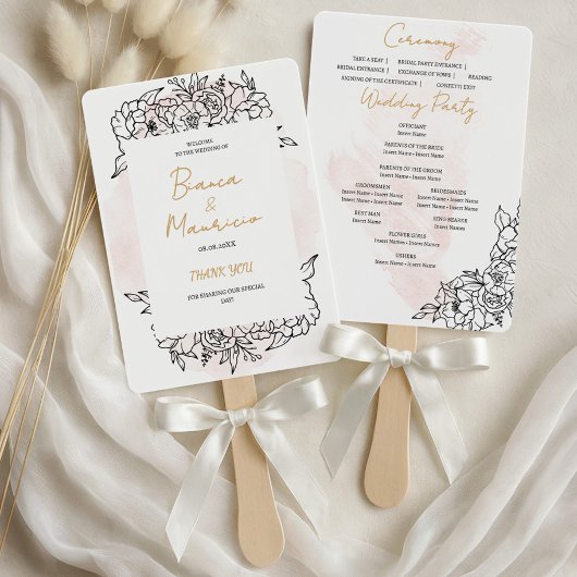 Blush Watercolor with Elegant Black Floral Details ハンドファン