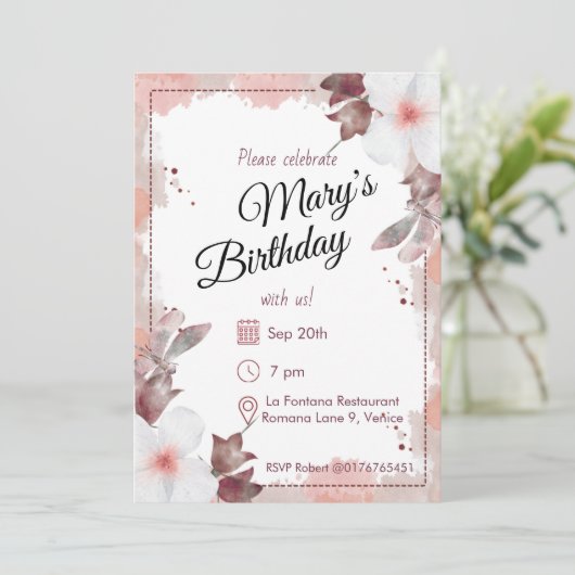 Blush Watercolour Florals Birthday 招待状 (スタンド正面)