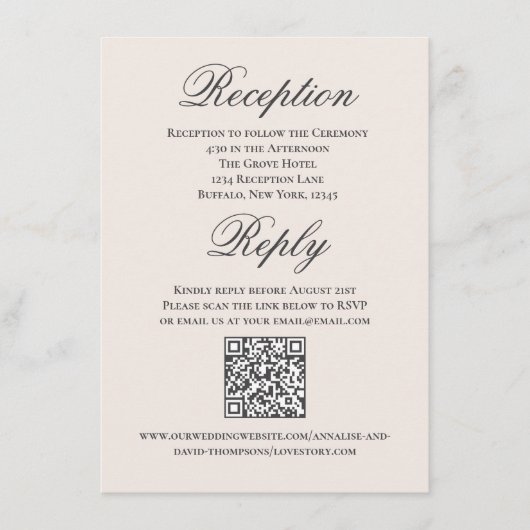 Blush Wedding Script RSVP Reception  エンクロージャーカード (正面)