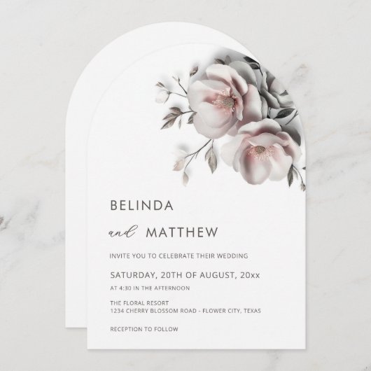 Blush White 3D Roses Simple Wedding 招待状 (正面/裏面)