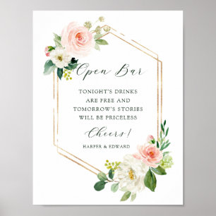 Blush White Bloom Gold Hexagon Frame Open Bar ポスター