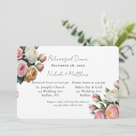 Blush White Gold Floral Rehearsal Dinner 招待状 (スタンド正面)