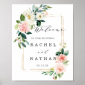 Blush White Gold Frame Floral Wedding Welcome Sign ポスター (正面)