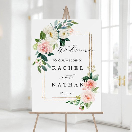 Blush White Gold Frame Floral Wedding Welcome Sign ポスター