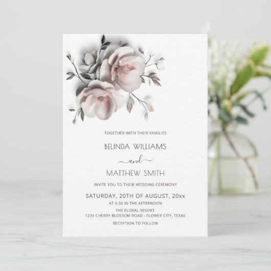 Blush White Textured Roses Simple Wedding 招待状 (スタンド正面)