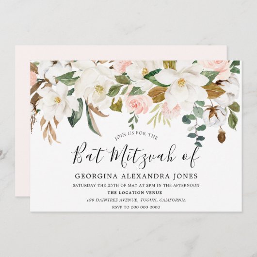 Blush & White Watercolor Flowers バット・ミツヴァー 招待状 (正面/裏面)