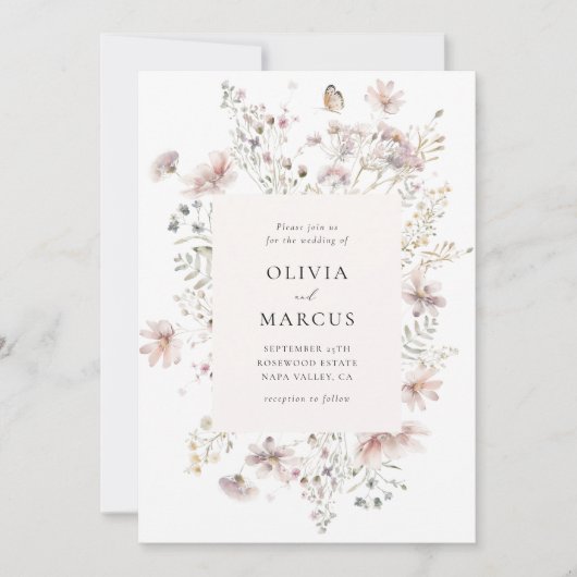 Blush Wildflower Elegant Serif Wedding Invitation 招待状 (正面)