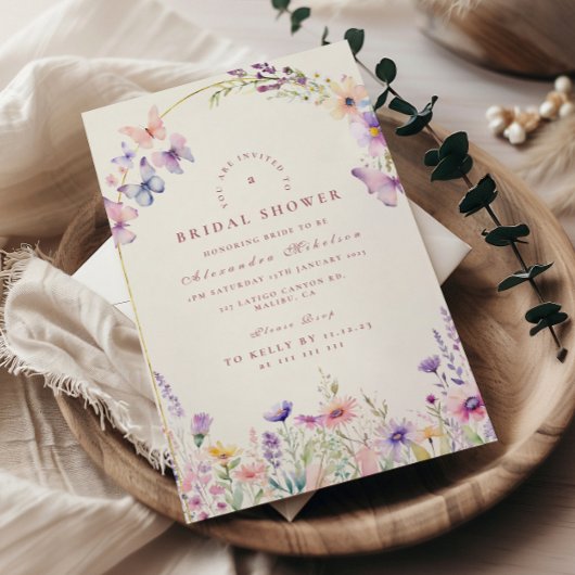 Blush Wildflowers and Butterflies Bridal Shower 招待状