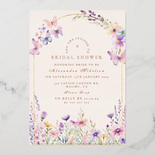 Blush Wildflowers and Butterflies Bridal Shower 箔招待状 (正面)