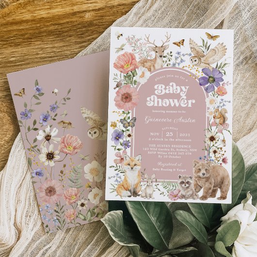 Blush Woodland Animals Floral Girl Baby Shower 招待状