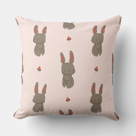 Blush Woodland Bunny & Mushroom Throw Pillow クッション (正面)