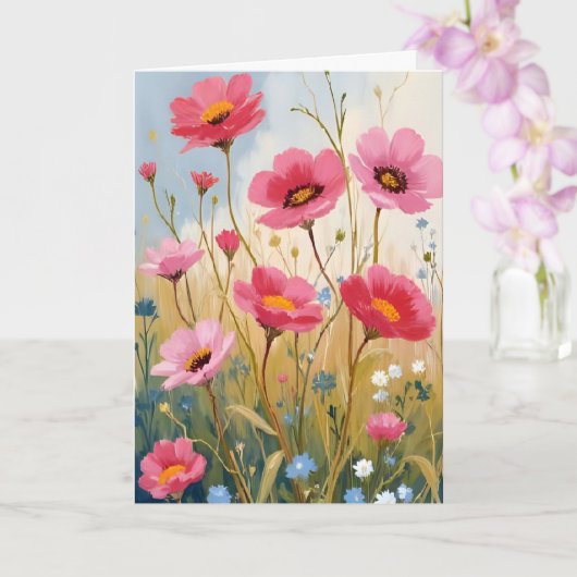 Blushing Blooms | ピンクの花の草原のフラワーカード カード (蘭)