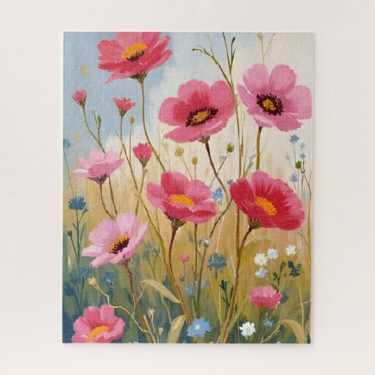 Blushing Blooms | ピンクの花畑のフラワー ジグソーパズル (縦)
